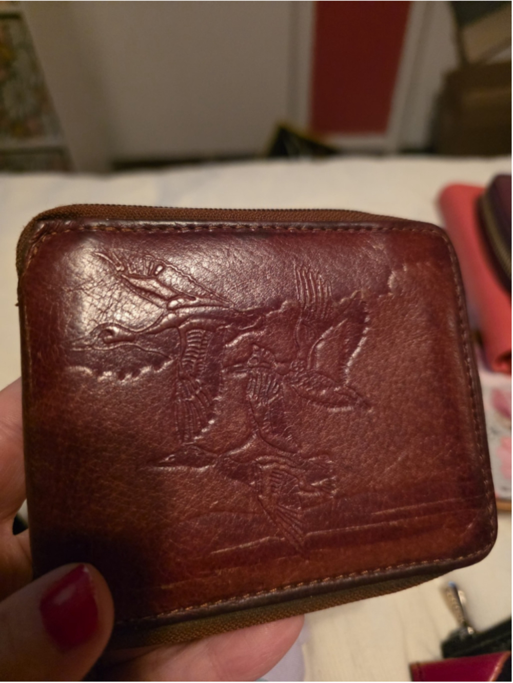 Vtg Mallard Ducks Hand Tooled Leather Wallet Ornate Design 40s 50s Full Grain